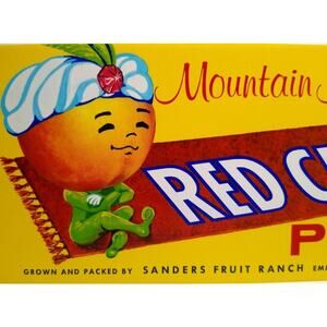 Red Carpet Peaches Genie Magic Flying Rug Anthropomorphic Fruit Crate Label '60s